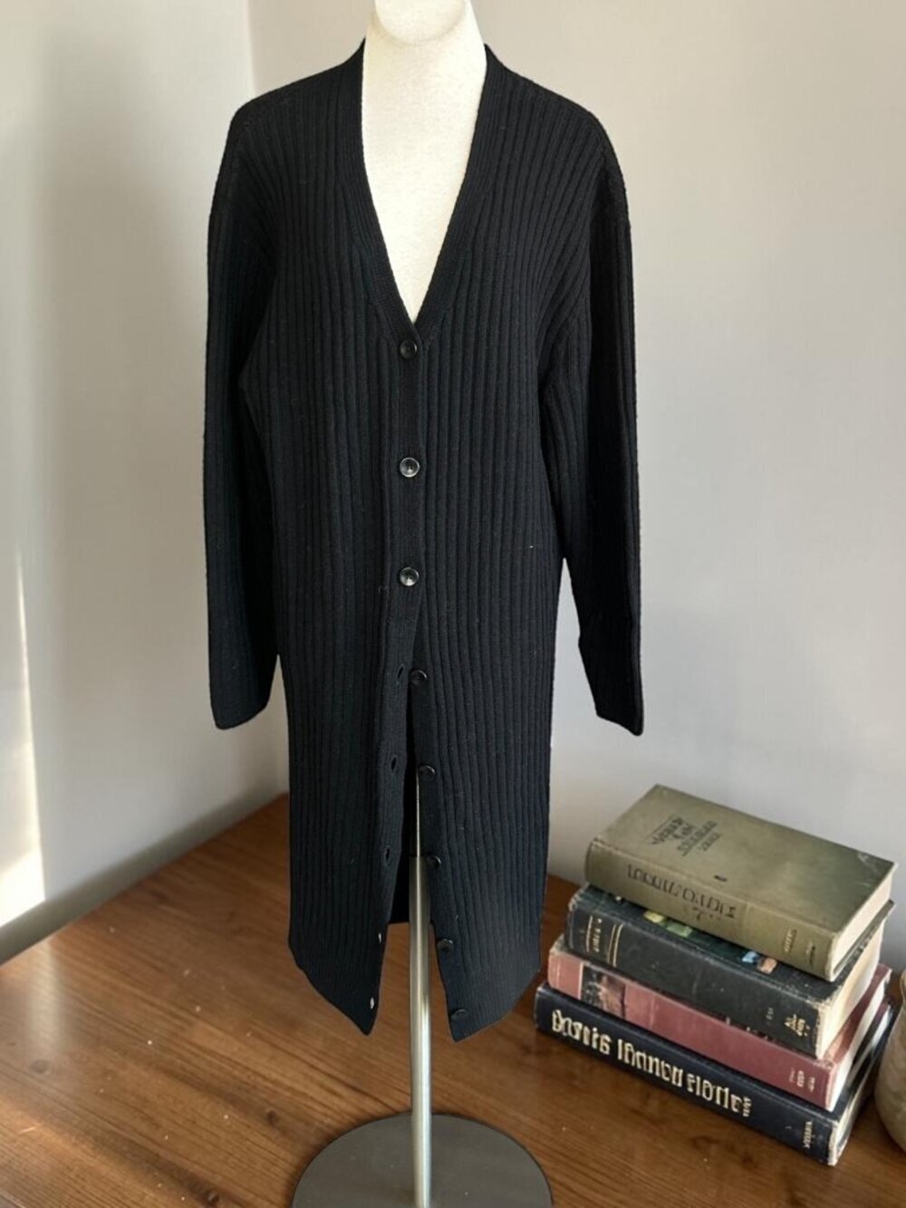James Street Co. Duster Cardigan Sweater Black Wool Ribbed Knit